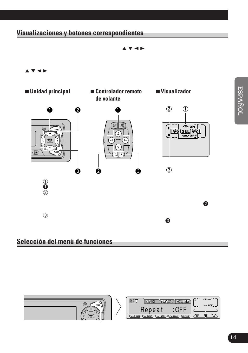 Visualizaciones y botones, Correspondientes, Selección del menú de funciones | Visualizaciones y botones correspondientes | Pioneer MEH-P7100R User Manual | Page 75 / 124