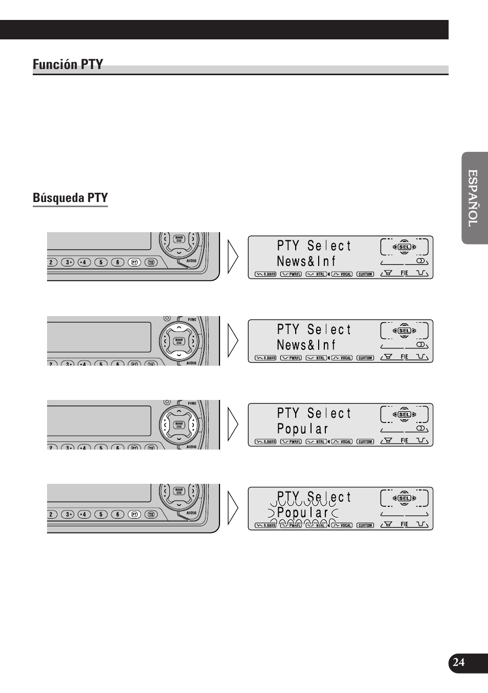Función pty, Búsqueda pty, Alarma pty | Cancelación de anuncios, Lista de pty, A title (english) | Pioneer MEH-P7100R User Manual | Page 85 / 124