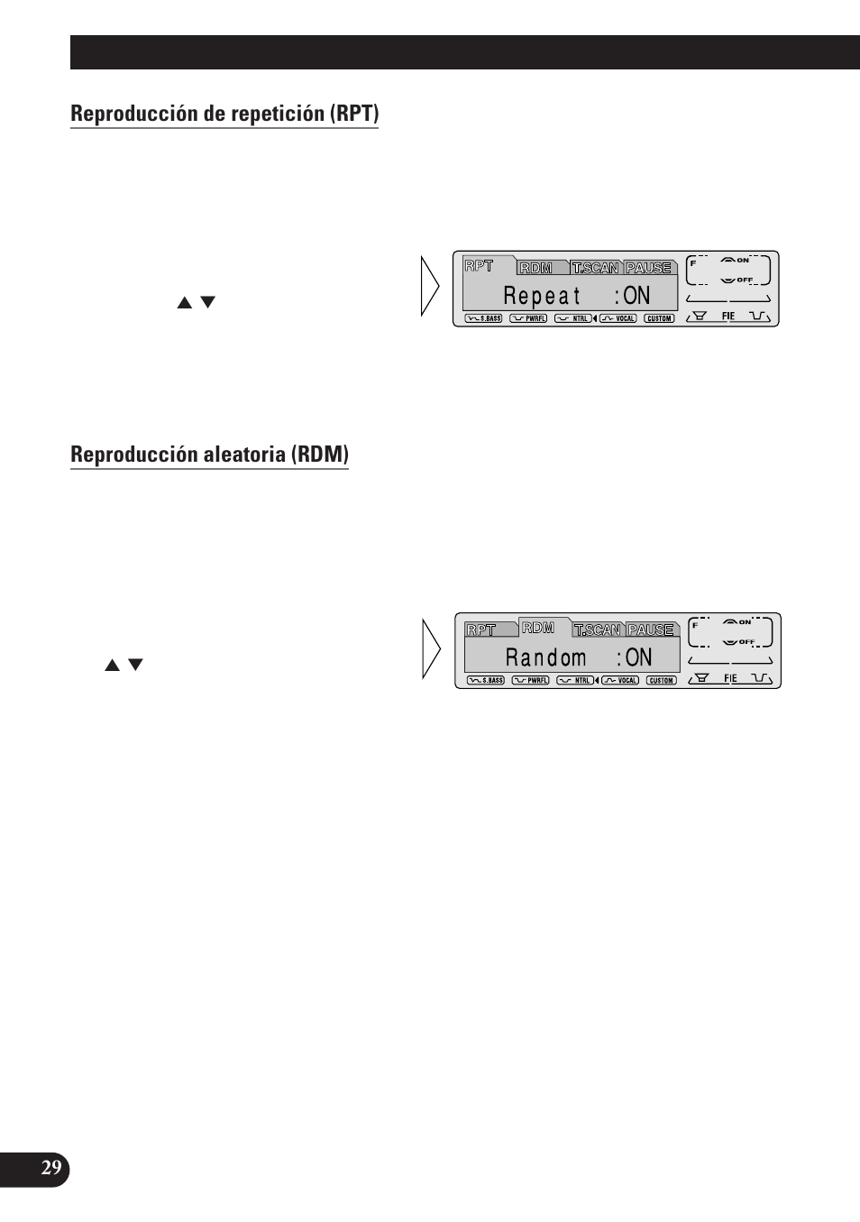 Uso del reproductor de, Md incorporado, Reproducción de repetición (rpt) | Reproducción aleatoria (rdm), Reproducción con exploración (t.scan), Pausa (pause), Uso del reproductor de md incorporado | Pioneer MEH-P7100R User Manual | Page 90 / 124