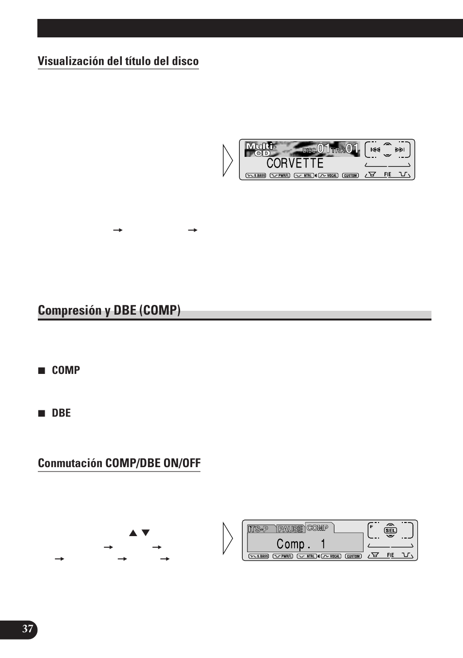 Compresión y dbe (comp), Conmutación comp/dbe on/off, Uso de reproductores de multi-cd | Visualización del título del disco | Pioneer MEH-P7100R User Manual | Page 98 / 124