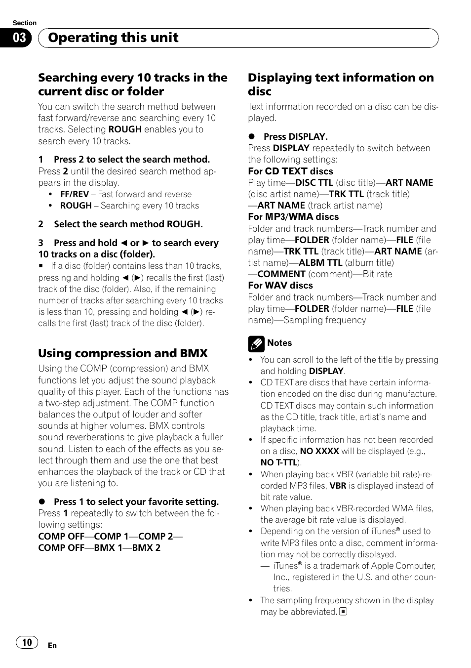 Searching every 10 tracks in the, Current disc or folder 10, Using compression and bmx 10 | Displaying text information on, Disc 10, Operating this unit, Using compression and bmx, Displaying text information on disc | Pioneer DEH-281MP User Manual | Page 10 / 124