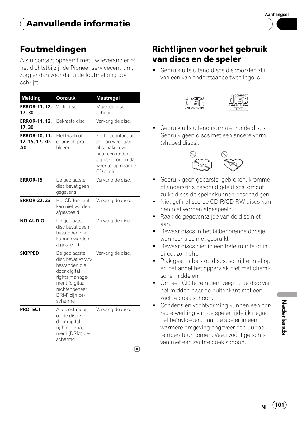 Aanvullende informatie, Foutmeldingen 101, Richtlijnen voor het gebruik van discs en de | Speler 101, Foutmeldingen op, Bladzijde 101, Foutmeldingen, Nederlands | Pioneer DEH-281MP User Manual | Page 101 / 124