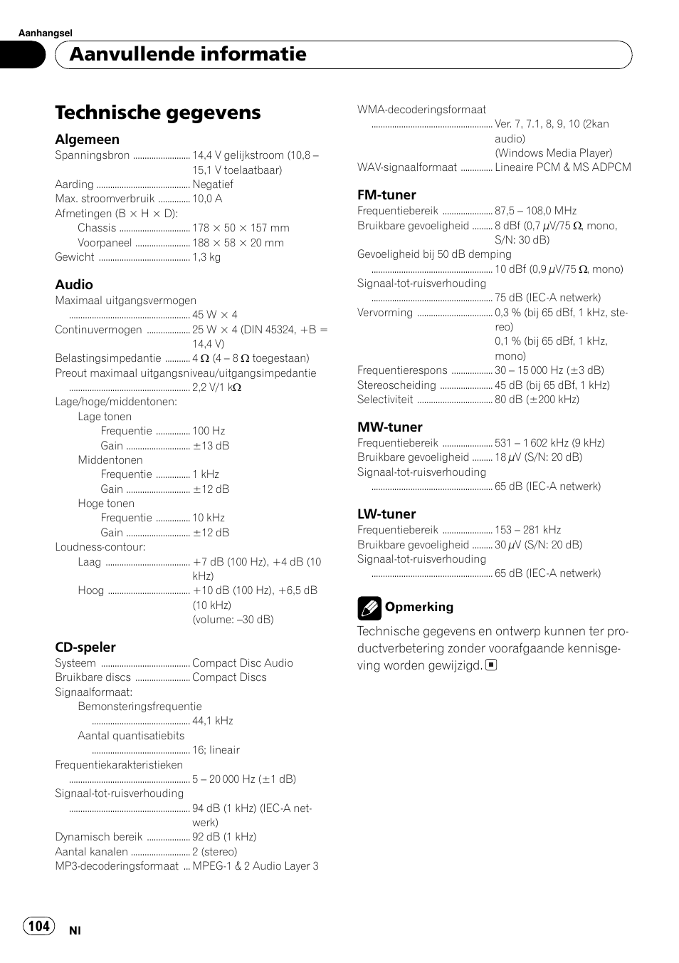 Technische gegevens 104, Technische gegevens, Aanvullende informatie | Pioneer DEH-281MP User Manual | Page 104 / 124