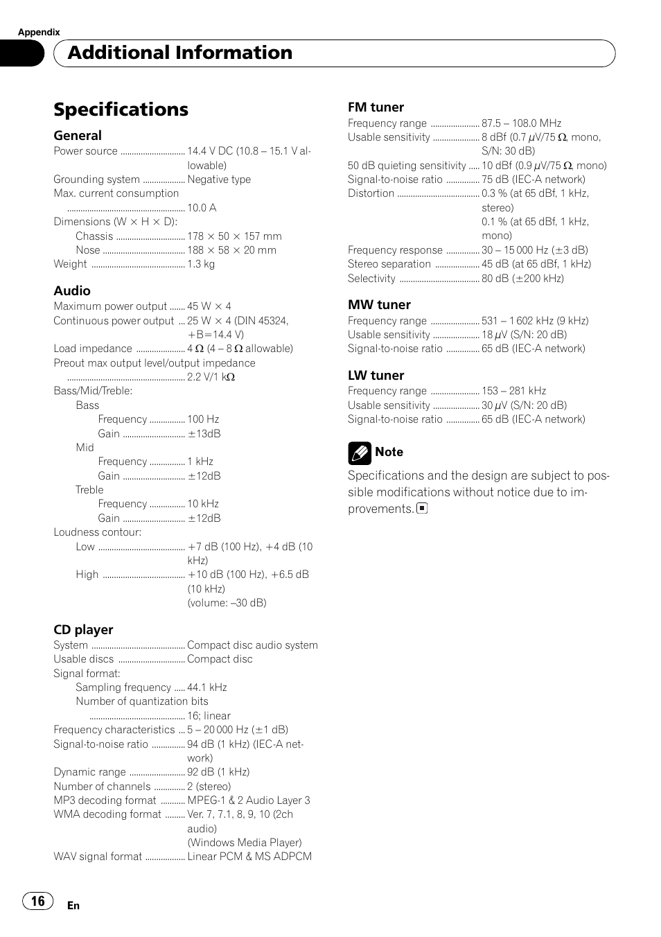 Specifications 16, Specifications, Additional information | Pioneer DEH-281MP User Manual | Page 16 / 124