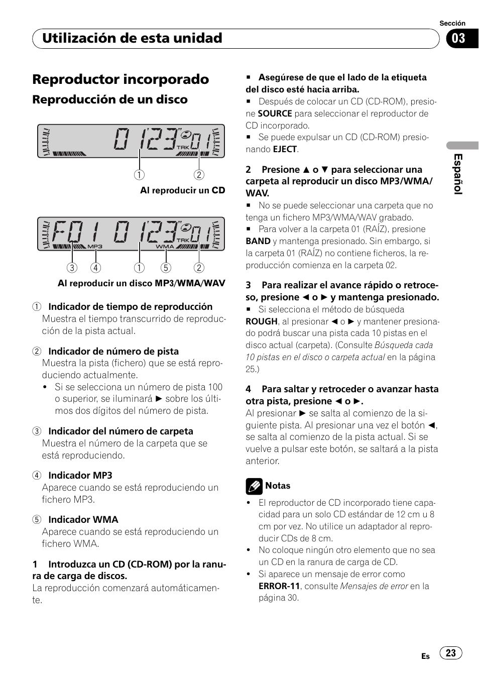 Reproductor incorporado 23, Reproducción de un disco 23, Reproductor incorporado | Utilización de esta unidad, Reproducción de un disco | Pioneer DEH-281MP User Manual | Page 23 / 124