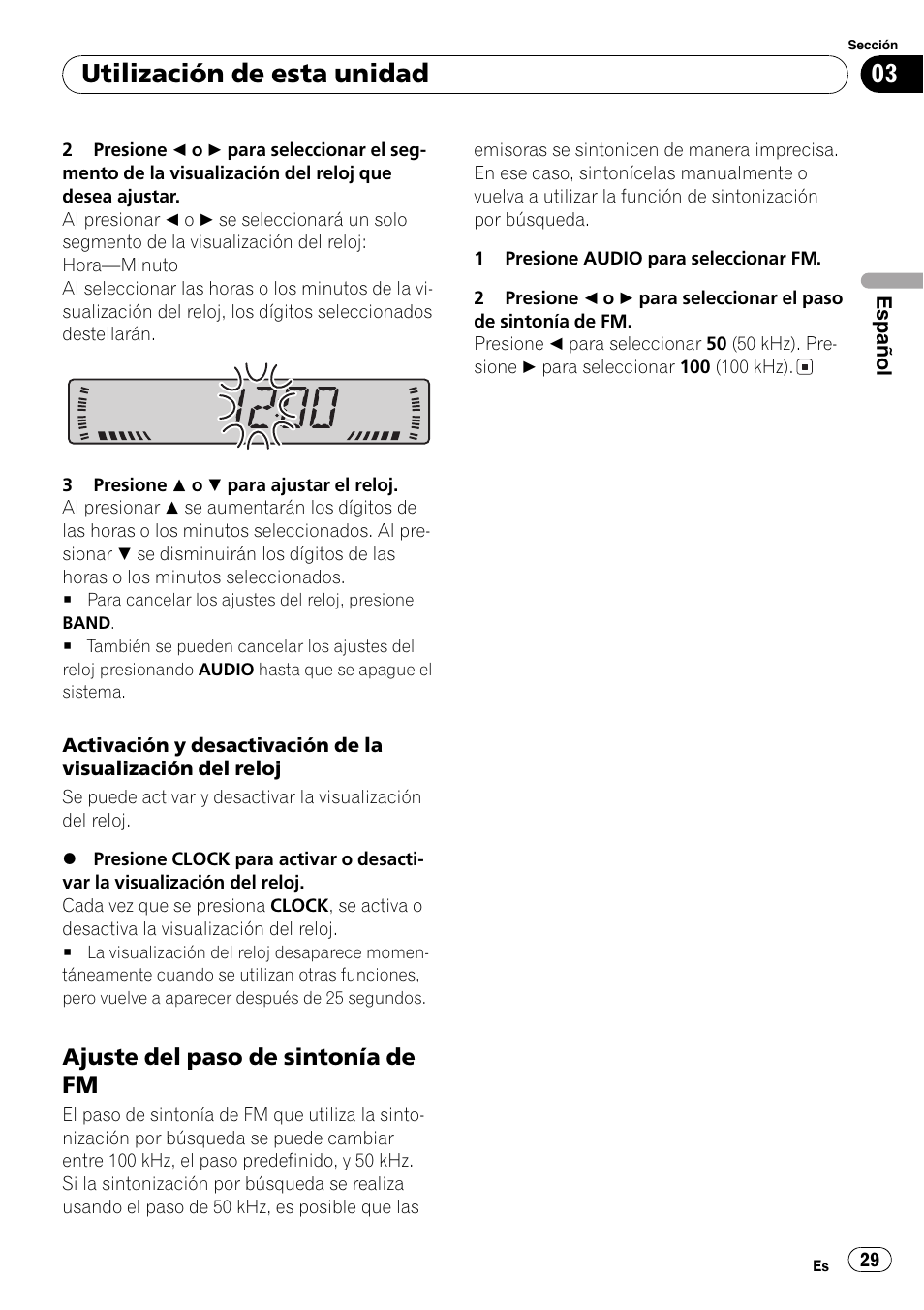 Ajuste del paso de sintonía de fm 29, Utilización de esta unidad, Ajuste del paso de sintonía de fm | Pioneer DEH-281MP User Manual | Page 29 / 124