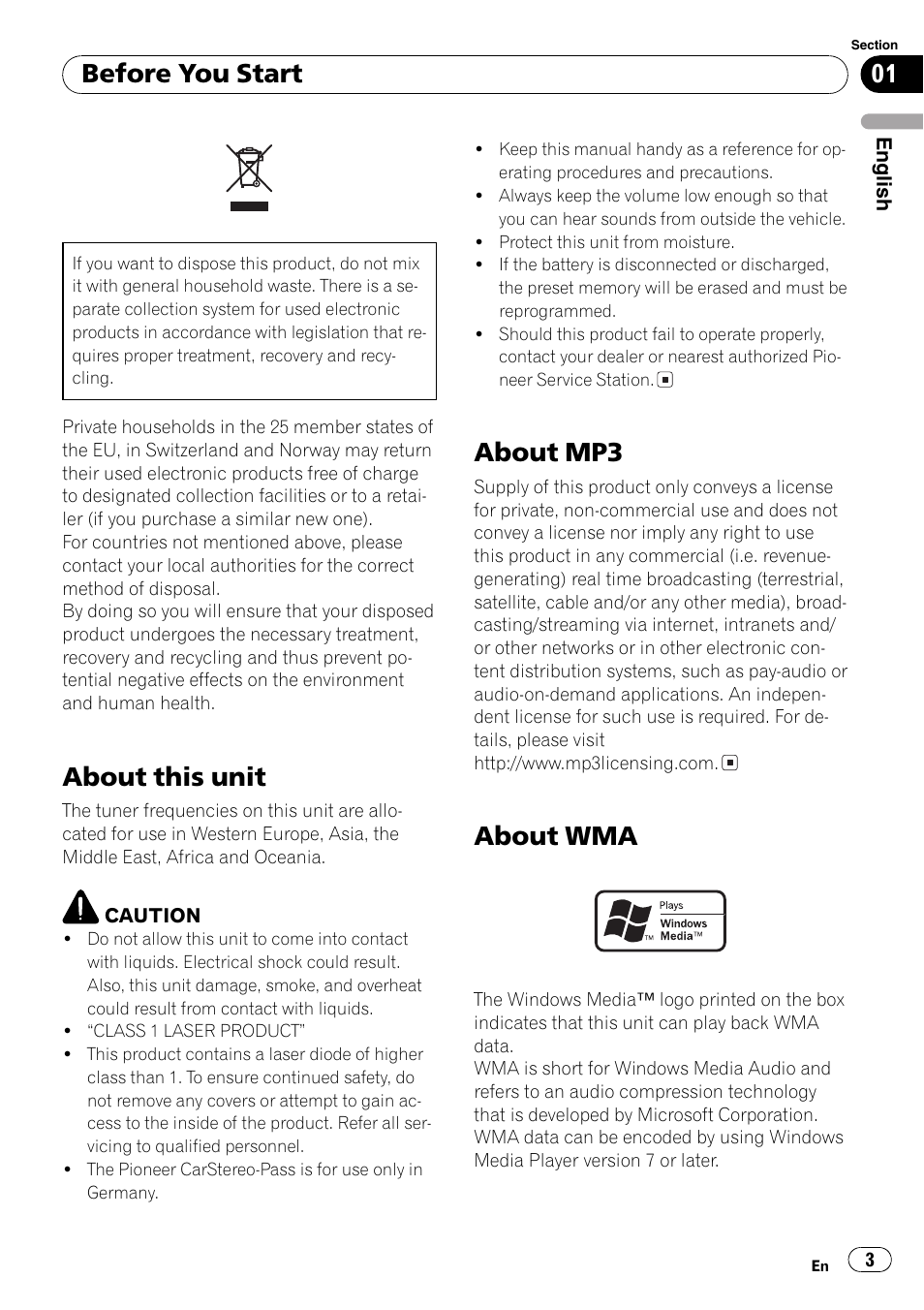 About this unit, About mp3, About wma | Before you start | Pioneer DEH-281MP User Manual | Page 3 / 124