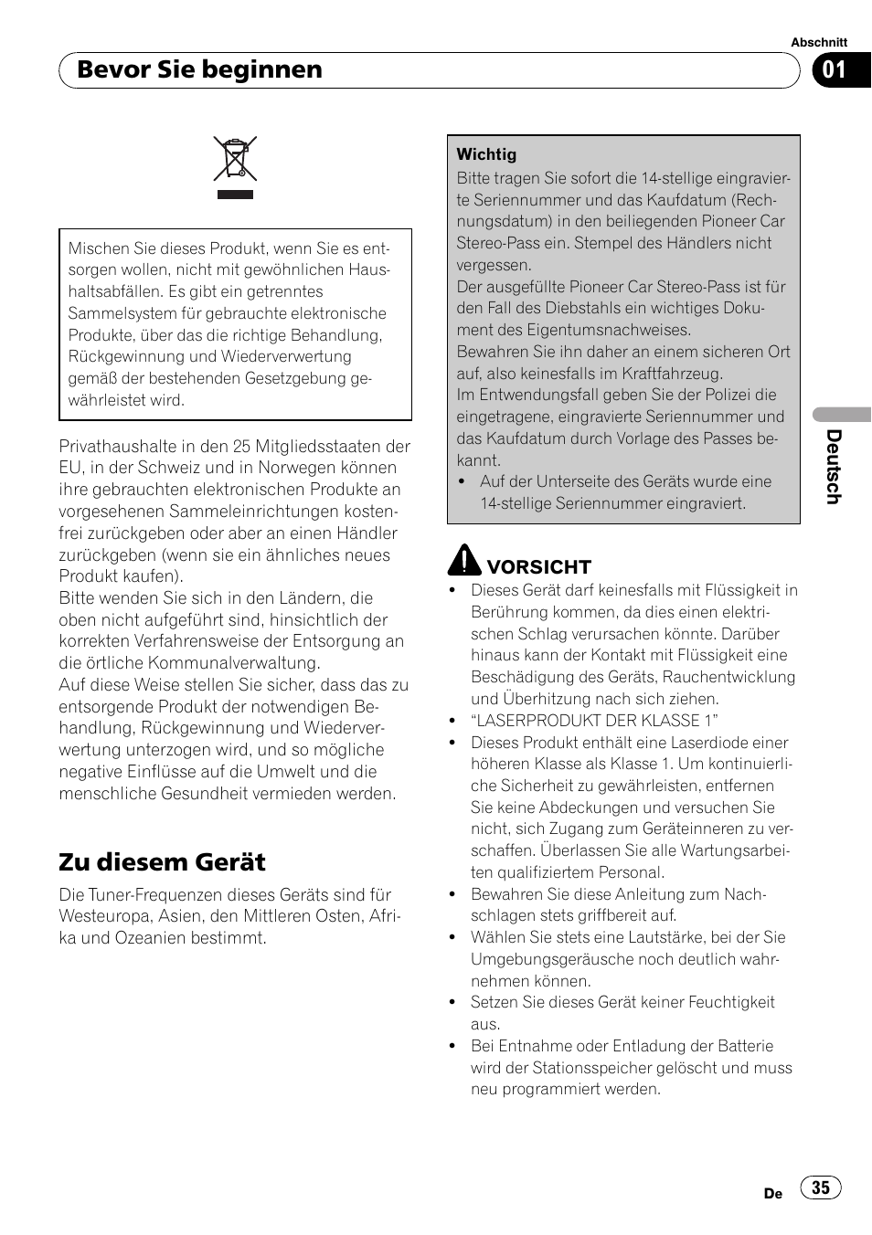 Bevor sie beginnen zu diesem gerät 35, Zu diesem gerät, Bevor sie beginnen | Pioneer DEH-281MP User Manual | Page 35 / 124