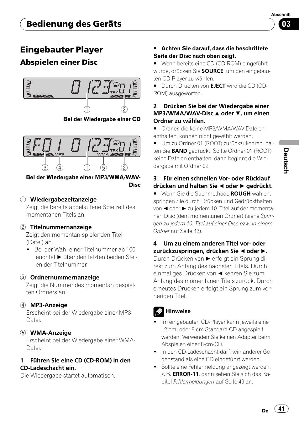 Eingebauter player 41, Abspielen einer disc 41, Eingebauter player | Bedienung des geräts, Abspielen einer disc | Pioneer DEH-281MP User Manual | Page 41 / 124