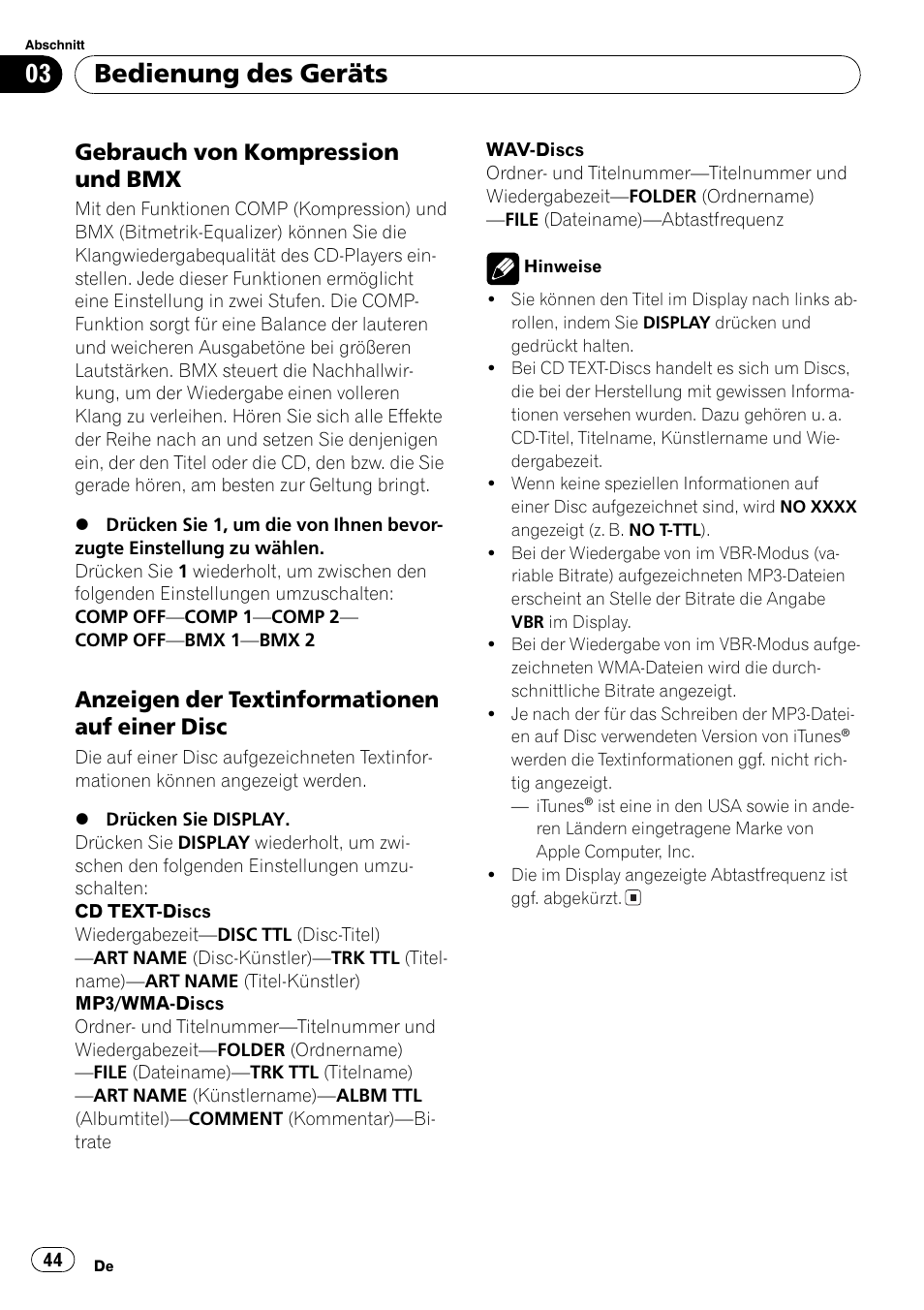 Gebrauch von kompression und, Bmx 44, Anzeigen der textinformationen auf | Einer disc 44, Bedienung des geräts, Gebrauch von kompression und bmx, Anzeigen der textinformationen auf einer disc | Pioneer DEH-281MP User Manual | Page 44 / 124