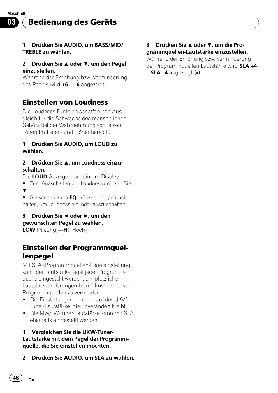 Einstellen von loudness 46, Einstellen der, Programmquellenpegel 46 | Bedienung des geräts, Einstellen von loudness, Einstellen der programmquel- lenpegel | Pioneer DEH-281MP User Manual | Page 46 / 124