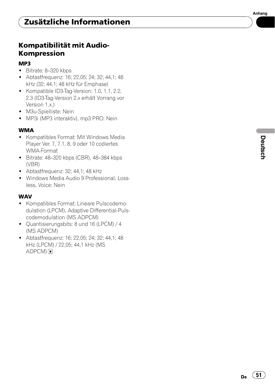 Kompatibilität mit audio, Kompression 51, Zusätzliche informationen | Kompatibilität mit audio- kompression | Pioneer DEH-281MP User Manual | Page 51 / 124