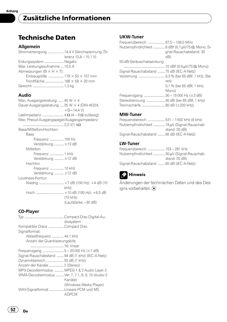 Technische daten 52, Technische daten, Zusätzliche informationen | Pioneer DEH-281MP User Manual | Page 52 / 124