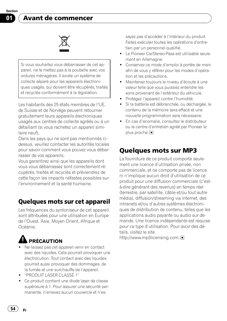 Quelques mots sur mp3 54, Quelques mots sur cet appareil, Quelques mots sur mp3 | Avant de commencer | Pioneer DEH-281MP User Manual | Page 54 / 124