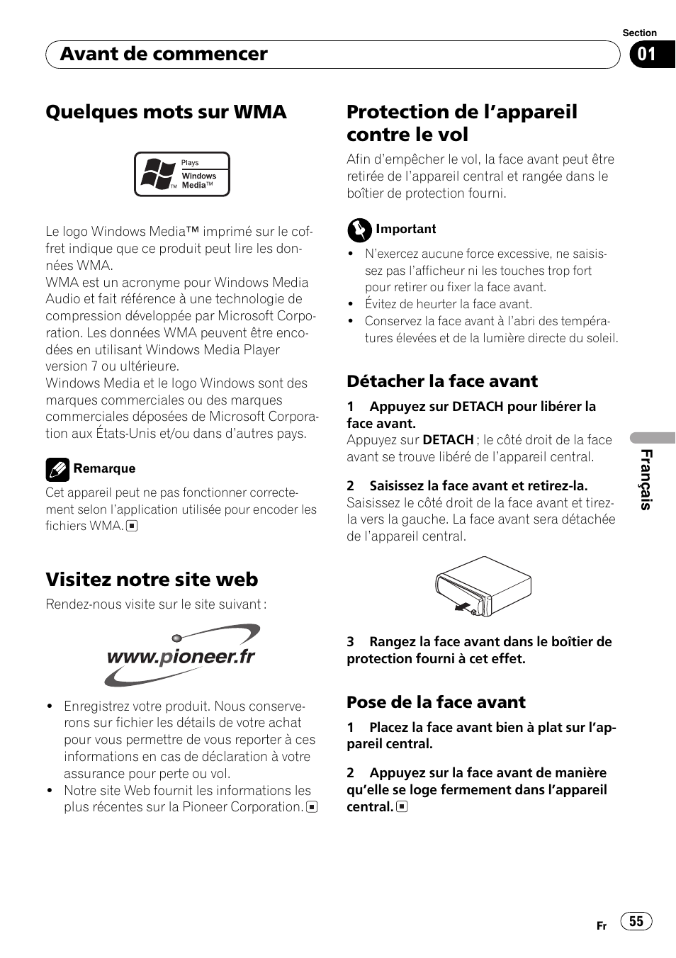 Quelques mots sur wma 55, Visitez notre site web 55, Protection de lappareil contre le vol 55 | Détacher la face avant 55, Pose de la face avant 55, Quelques mots sur wma, Visitez notre site web, Protection de lappareil contre le vol, Avant de commencer | Pioneer DEH-281MP User Manual | Page 55 / 124