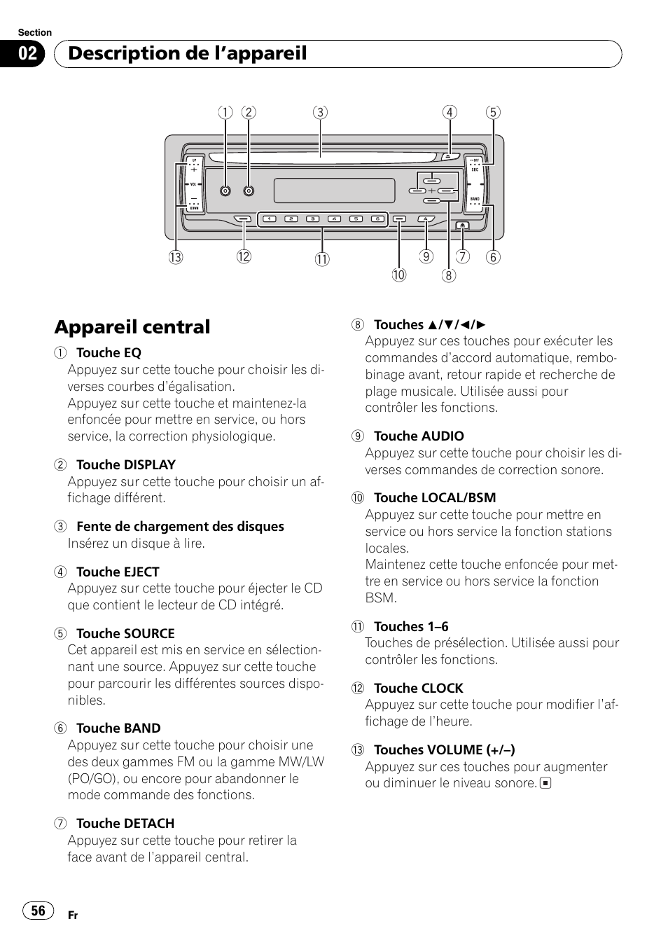 Description de lappareil, Appareil central 56, Appareil central | Pioneer DEH-281MP User Manual | Page 56 / 124