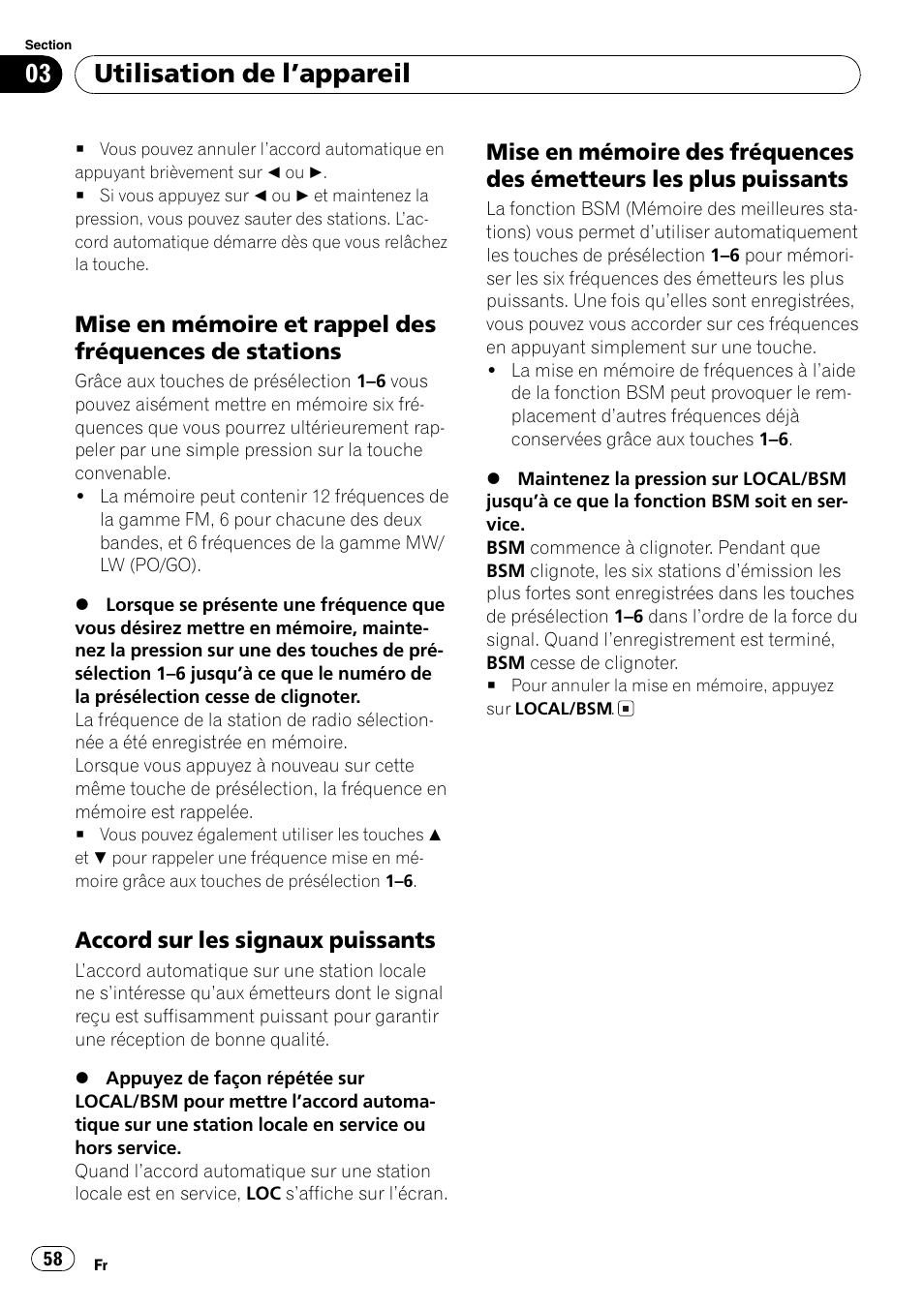 Mise en mémoire et rappel des, Fréquences de stations 58, Accord sur les signaux puissants 58 | Mise en mémoire des fréquences des, Émetteurs les plus puissants 58, Utilisation de lappareil, Accord sur les signaux puissants | Pioneer DEH-281MP User Manual | Page 58 / 124