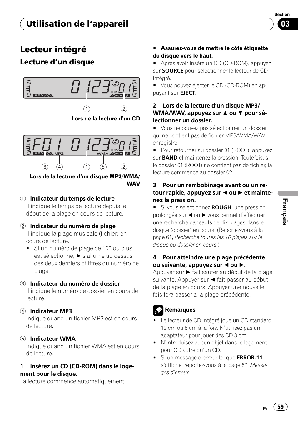 Lecteur intégré 59, Lecture dun disque 59, Lecteur intégré | Utilisation de lappareil, Lecture dun disque | Pioneer DEH-281MP User Manual | Page 59 / 124