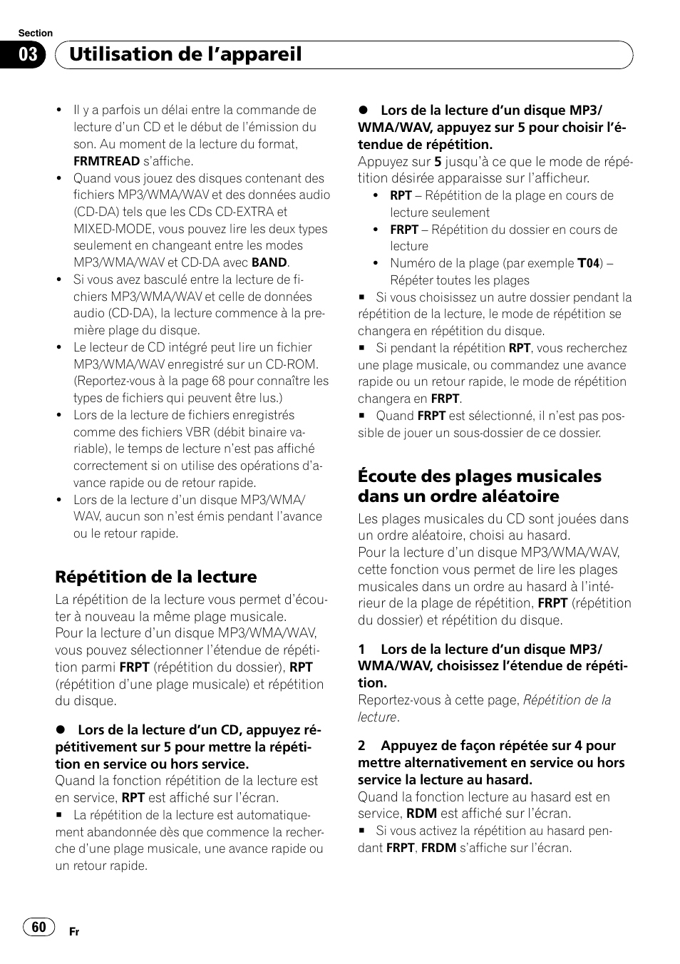 Répétition de la lecture 60, Écoute des plages musicales dans un, Ordre aléatoire 60 | Utilisation de lappareil, Répétition de la lecture | Pioneer DEH-281MP User Manual | Page 60 / 124