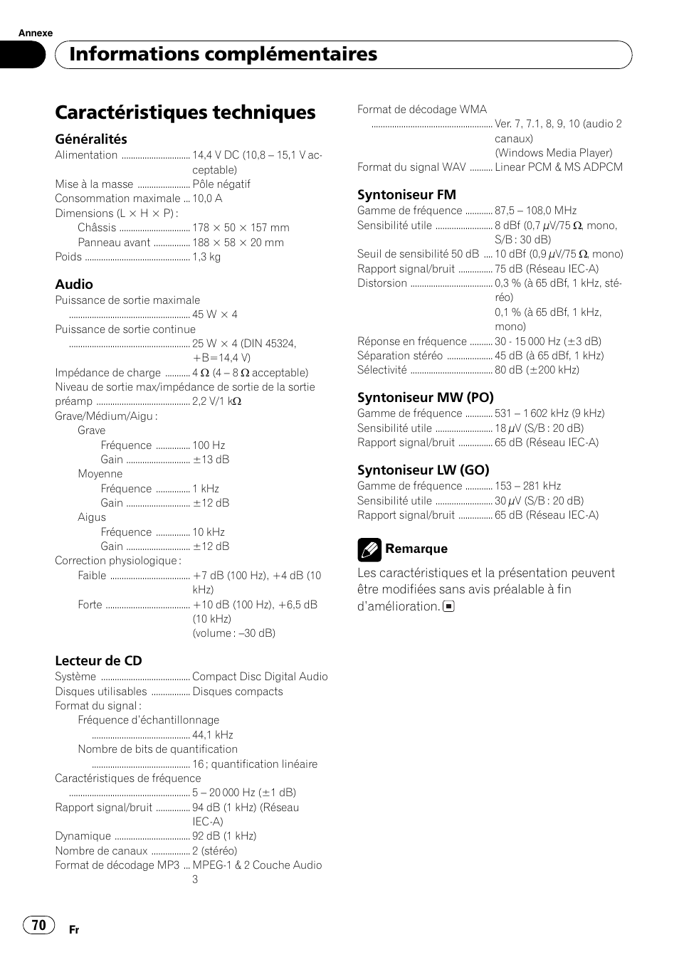 Caractéristiques techniques 70, Caractéristiques techniques, Informations complémentaires | Pioneer DEH-281MP User Manual | Page 70 / 124
