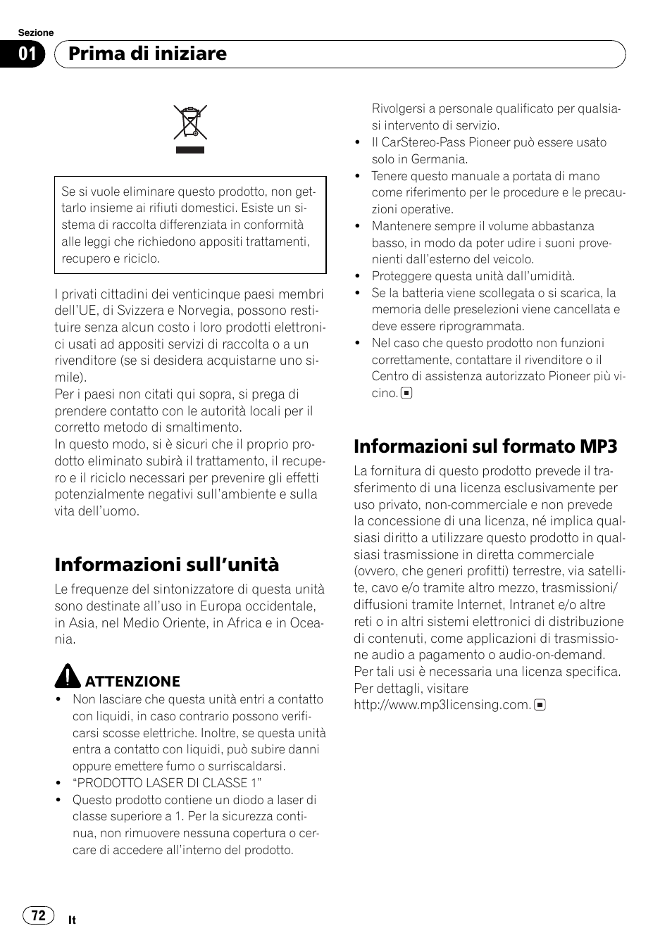 Prima di iniziare informazioni sullunità 72, Informazioni sul formato mp3 72, Informazioni sullunità | Informazioni sul formato mp3, Prima di iniziare | Pioneer DEH-281MP User Manual | Page 72 / 124