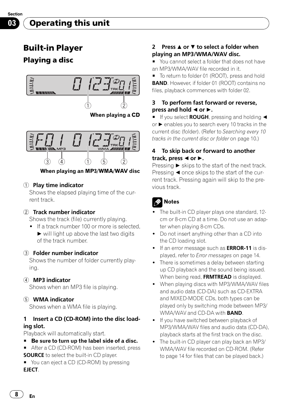 Built-in player 8, Playing a disc 8, Built-in player | Operating this unit, Playing a disc | Pioneer DEH-281MP User Manual | Page 8 / 124