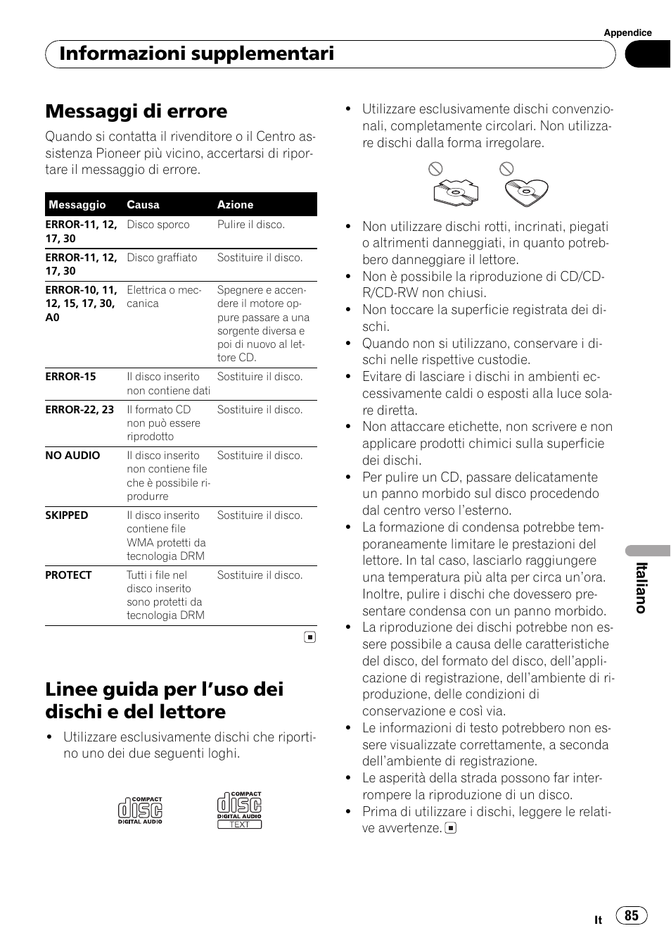 Informazioni supplementari, Messaggi di errore 85, Linee guida per luso dei dischi e del | Lettore 85, Messaggi di errore, Linee guida per luso dei dischi e del lettore, Italiano | Pioneer DEH-281MP User Manual | Page 85 / 124