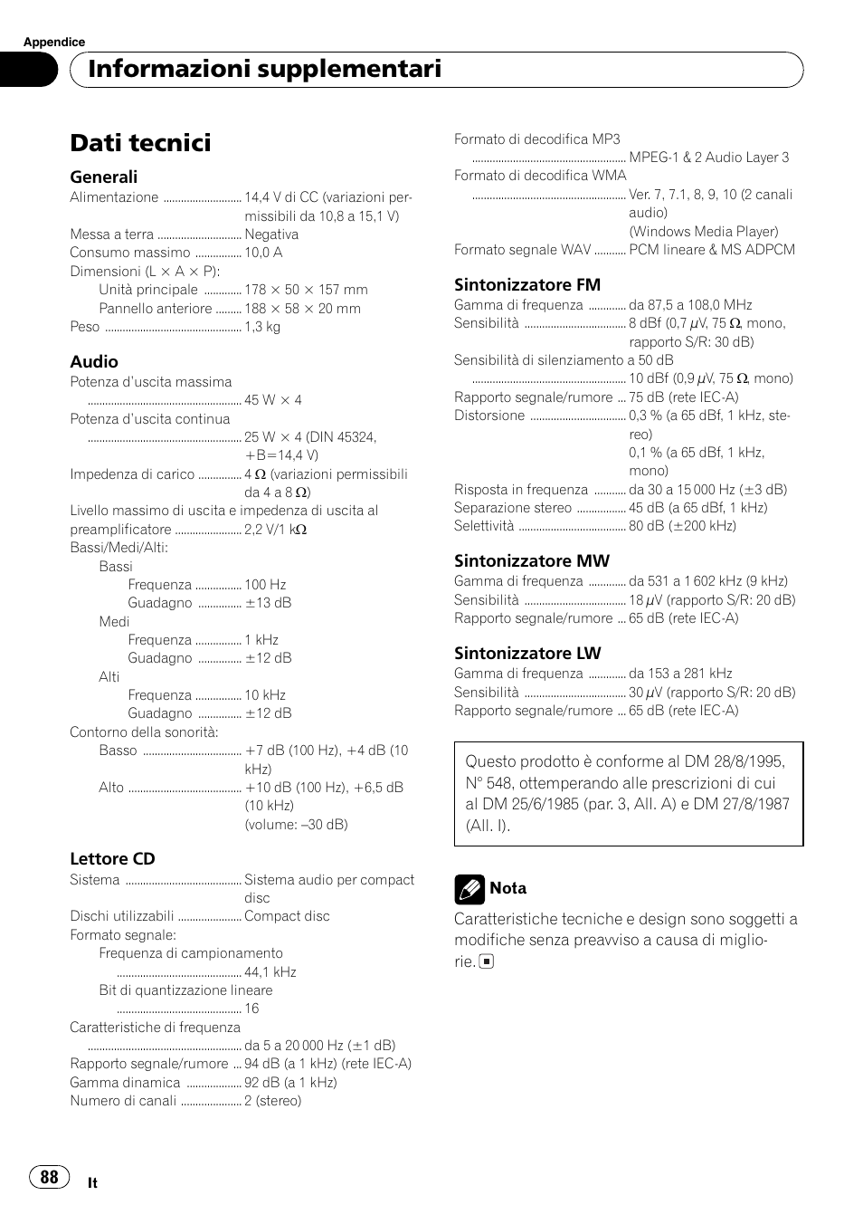 Dati tecnici 88, Dati tecnici, Informazioni supplementari | Pioneer DEH-281MP User Manual | Page 88 / 124