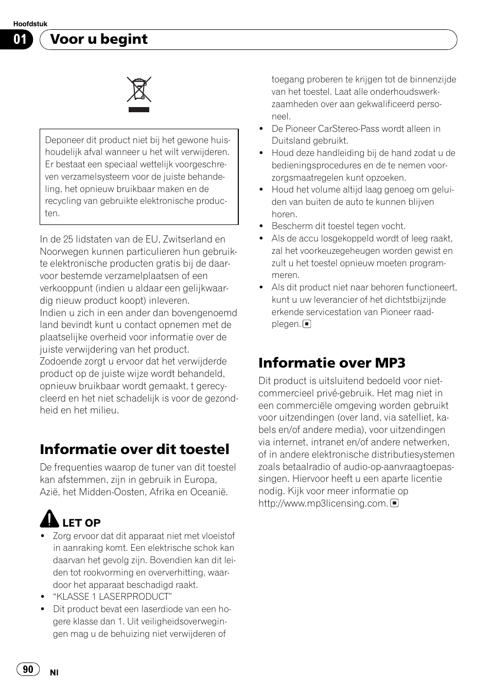 Voor u begint informatie over dit toestel 90, Informatie over mp3 90, Informatie over dit toestel | Informatie over mp3, Voor u begint | Pioneer DEH-281MP User Manual | Page 90 / 124