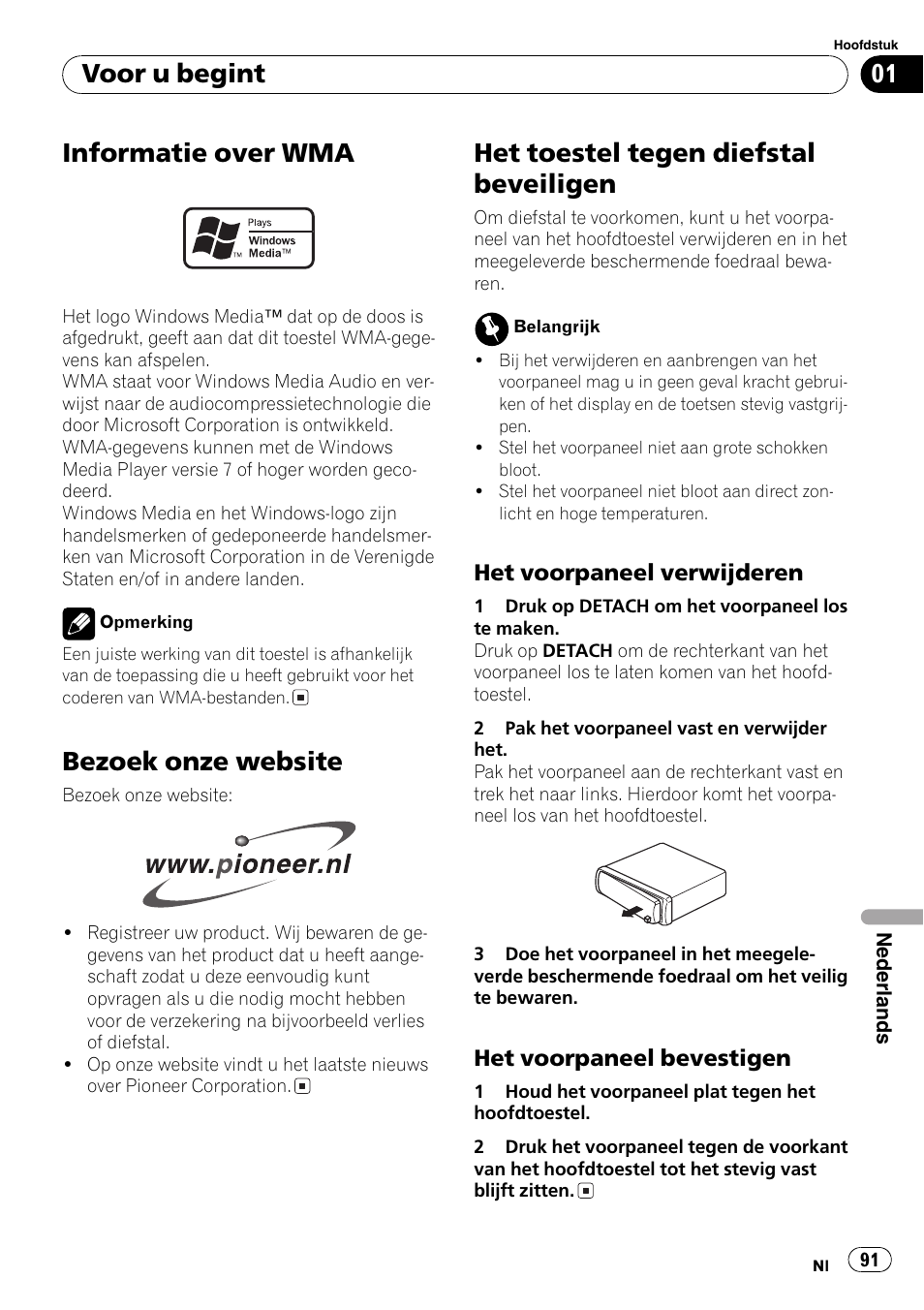 Informatie over wma 91, Bezoek onze website 91, Het toestel tegen diefstal beveiligen 91 | Het voorpaneel verwijderen 91, Het voorpaneel bevestigen 91, Informatie over wma, Bezoek onze website, Het toestel tegen diefstal beveiligen, Voor u begint, Het voorpaneel verwijderen | Pioneer DEH-281MP User Manual | Page 91 / 124