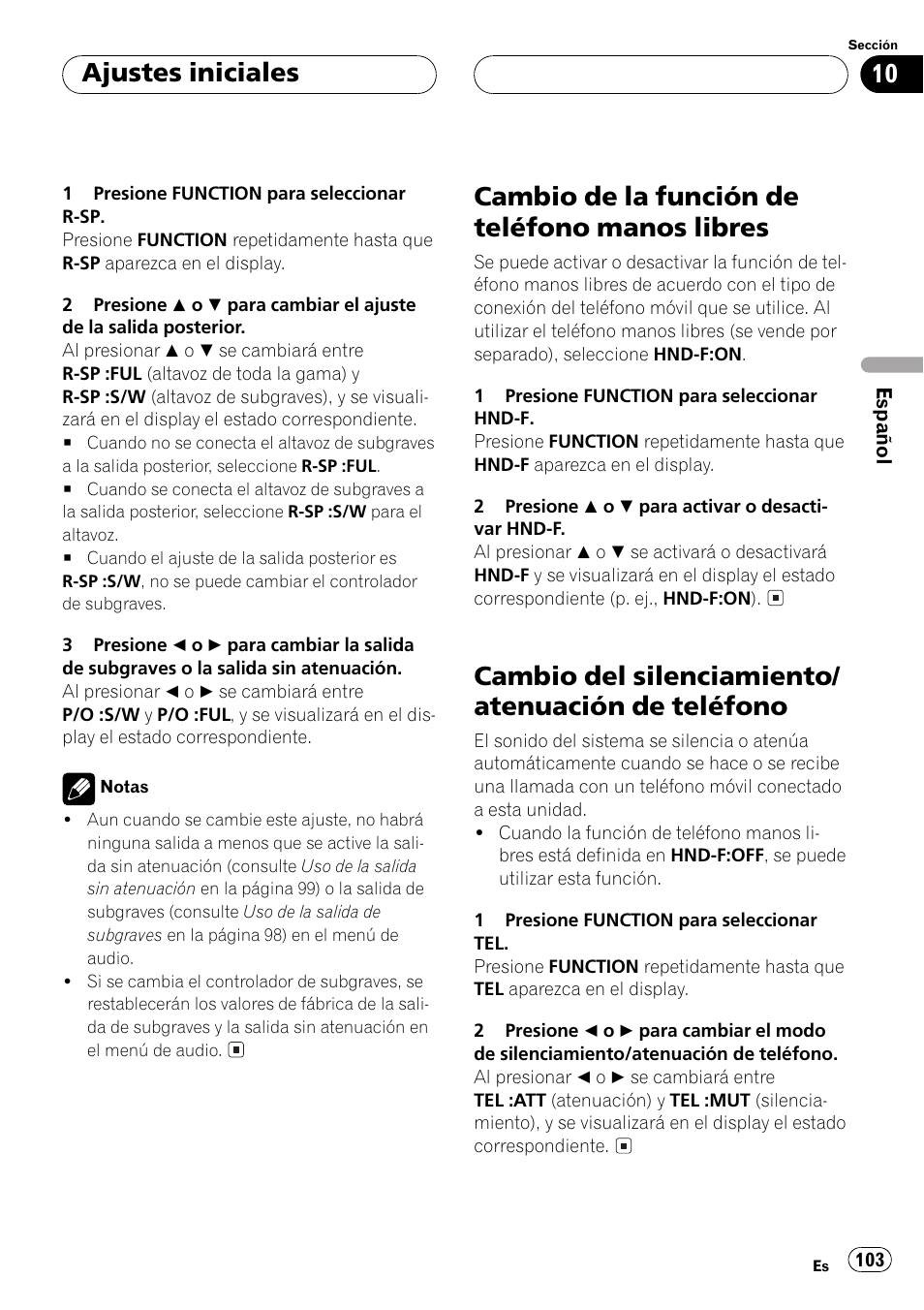 Cambio de la función de teléfono manos, Libres 103, Cambio del silenciamiento/atenuación de | Teléfono 103, Cambio de la función de teléfono manos libres, Cambio del silenciamiento/ atenuación de teléfono, Ajustes iniciales | Pioneer DEH-P5500MP User Manual | Page 103 / 116