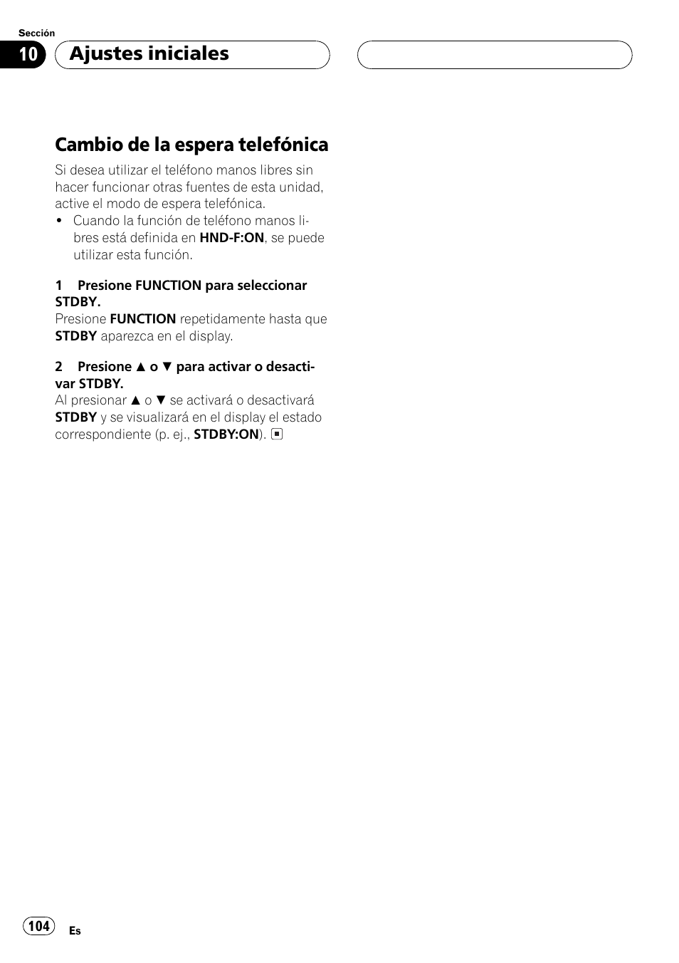 Cambio de la espera telefónica 104, Cambio de la espera telefónica, Ajustes iniciales | Pioneer DEH-P5500MP User Manual | Page 104 / 116