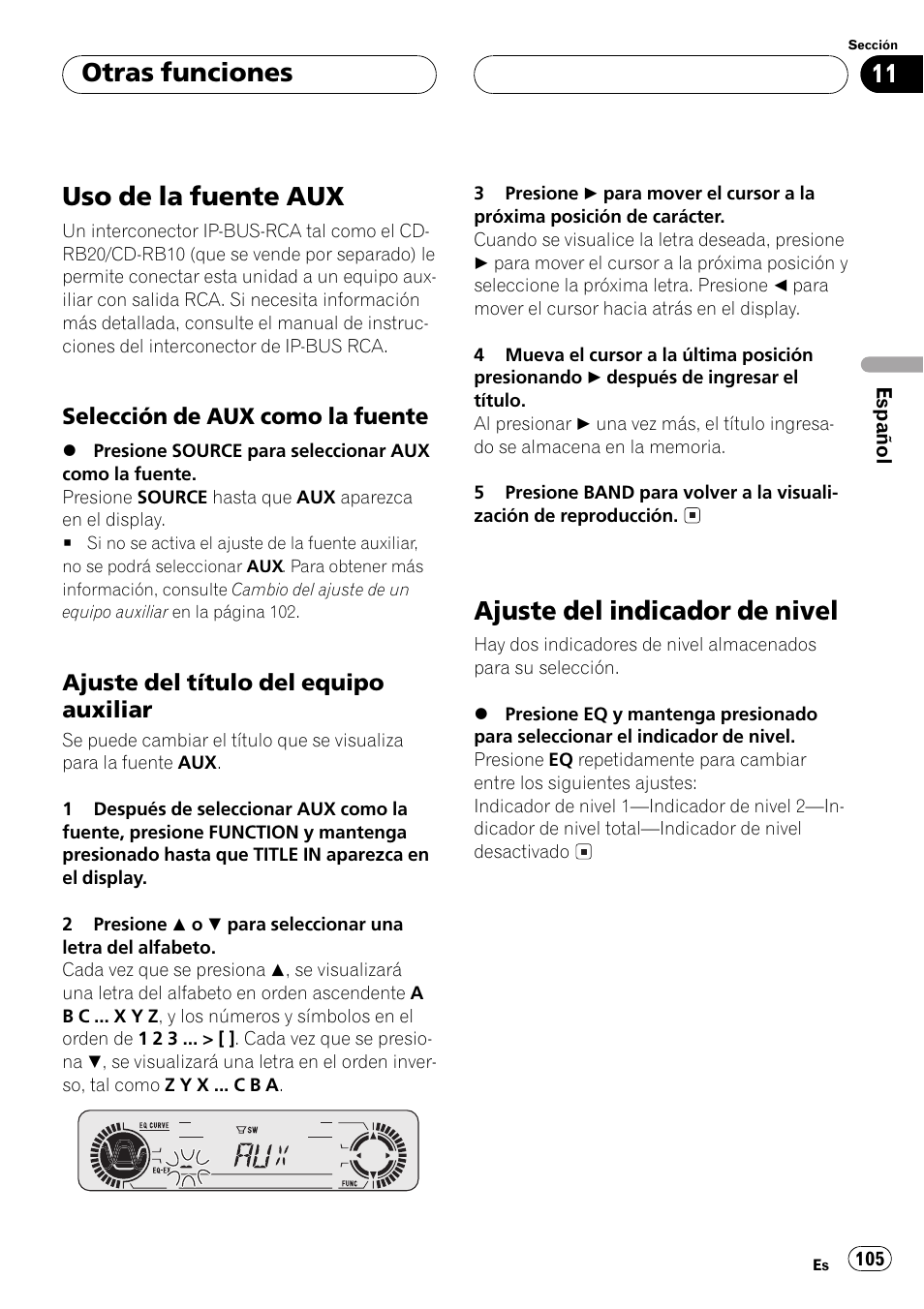 Otras funciones, Uso de la fuente aux 105, Selección de aux como la | Fuente 105, Ajuste del título del equipo, Auxiliar 105, Ajuste del indicador de nivel 105, Uso de la fuente aux, Ajuste del indicador de nivel | Pioneer DEH-P5500MP User Manual | Page 105 / 116