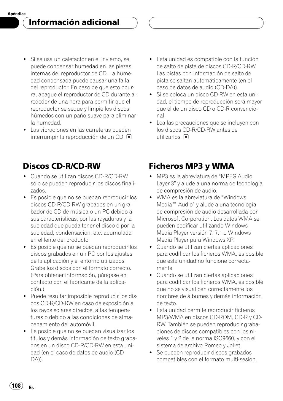 Discos cd-r/cd-rw 108, Ficheros mp3 y wma 108, Discos cd-r/cd-rw | Ficheros mp3 y wma, Información adicional | Pioneer DEH-P5500MP User Manual | Page 108 / 116