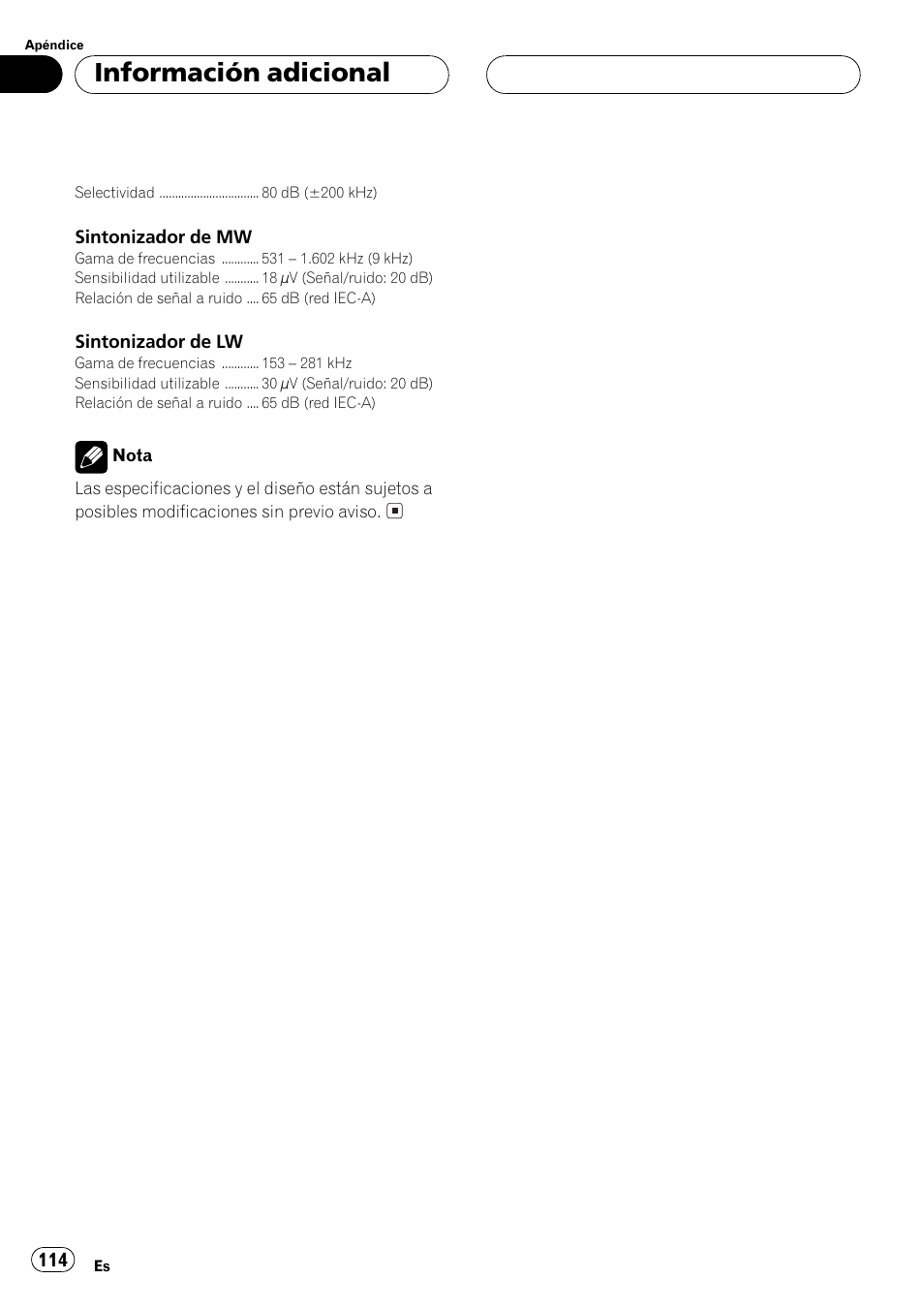 Información adicional | Pioneer DEH-P5500MP User Manual | Page 114 / 116
