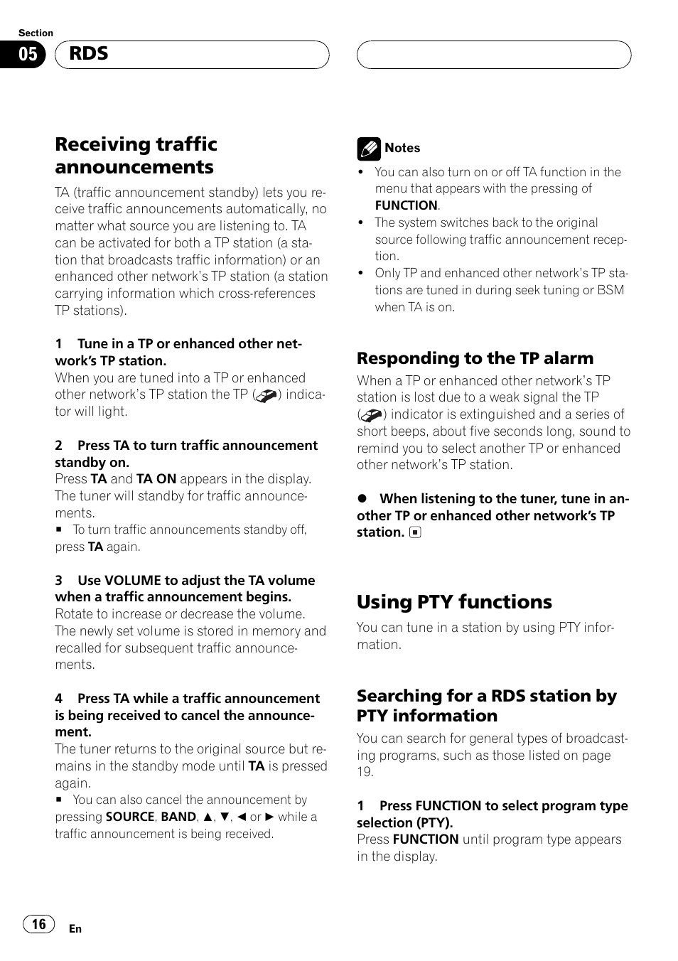 Receiving traffic announcements 16, Responding to the tp alarm 16, Using pty functions 16 | Searching for a rds station by pty, Information 16, Receiving traffic announcements, Using pty functions | Pioneer DEH-P5500MP User Manual | Page 16 / 116