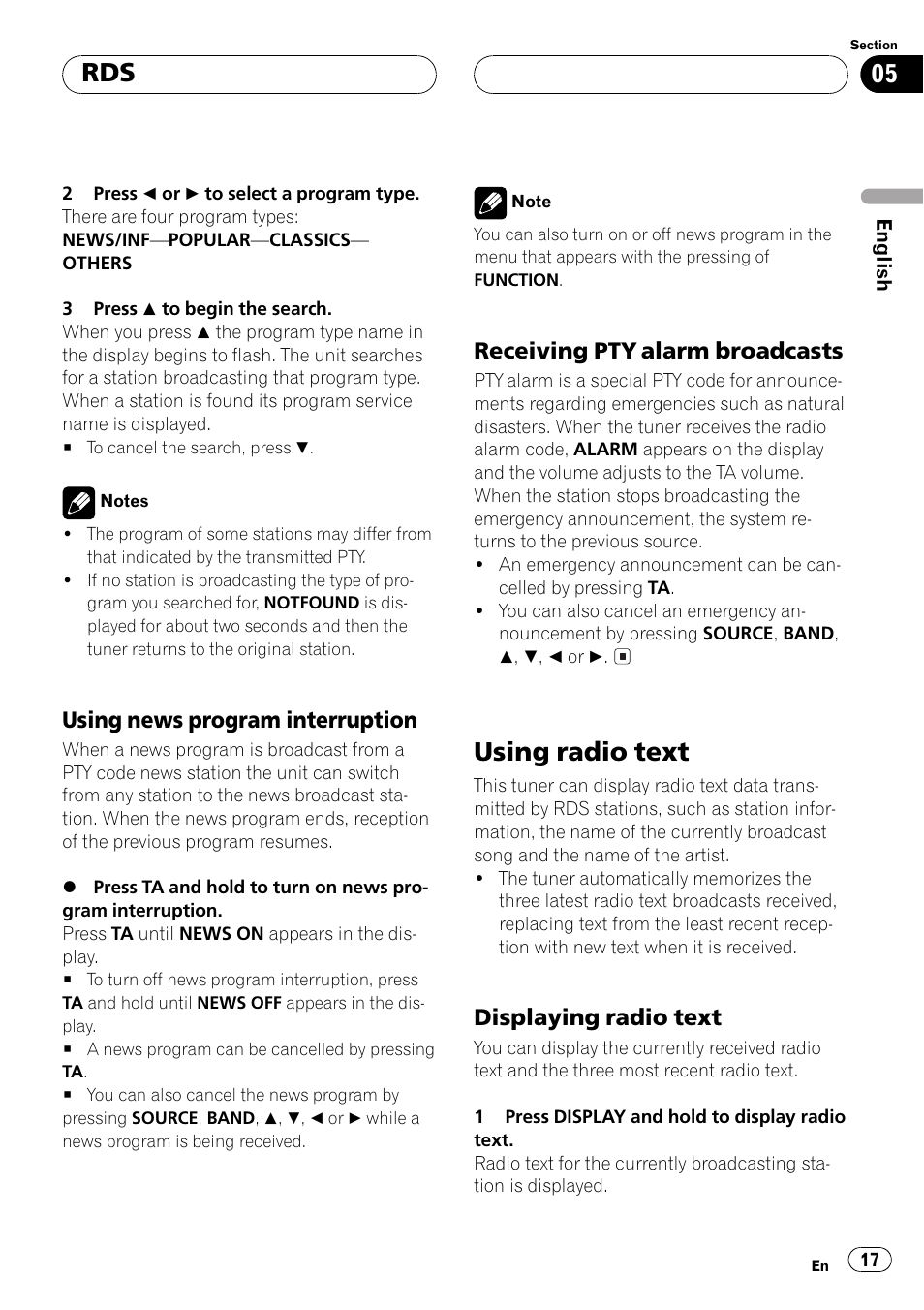 Using news program interruption 17, Receiving pty alarm broadcasts 17, Using radio text 17 | Displaying radio text 17, Using radio text, Using news program interruption, Receiving pty alarm broadcasts, Displaying radio text | Pioneer DEH-P5500MP User Manual | Page 17 / 116