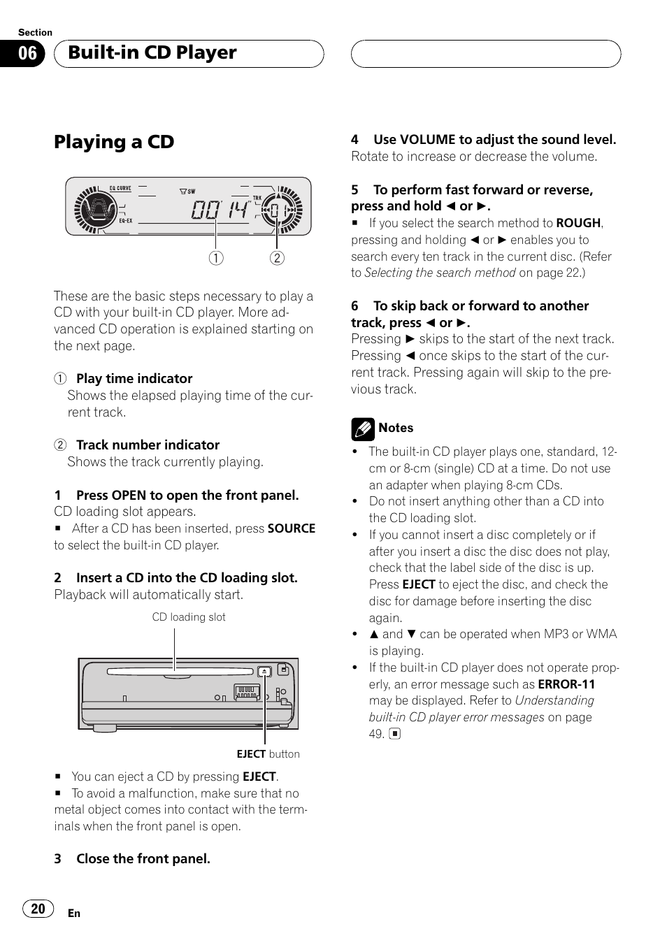 Built-in cd player playing a cd 20, Playing a cd, Built-in cd player | Pioneer DEH-P5500MP User Manual | Page 20 / 116