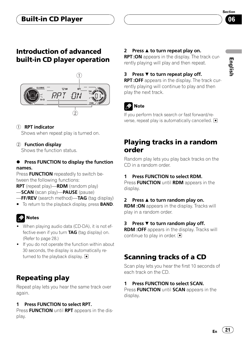 Introduction of advanced built-in cd player, Operation 21, Repeating play | Playing tracks in a random order, Scanning tracks of a cd, Built-in cd player | Pioneer DEH-P5500MP User Manual | Page 21 / 116