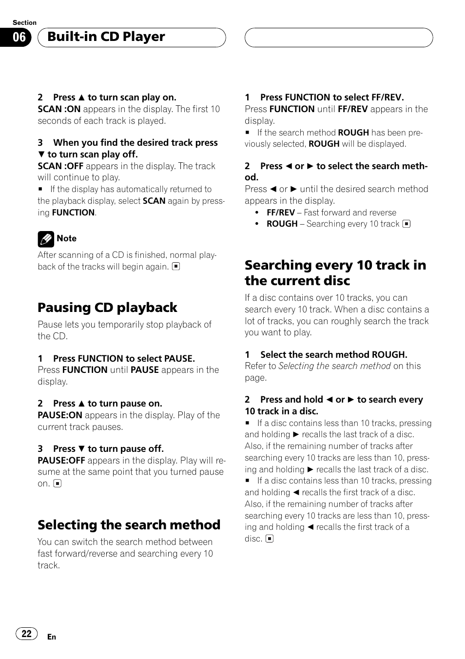 Disc 22, Pausing cd playback, Selecting the search method | Searching every 10 track in the current disc, Built-in cd player | Pioneer DEH-P5500MP User Manual | Page 22 / 116