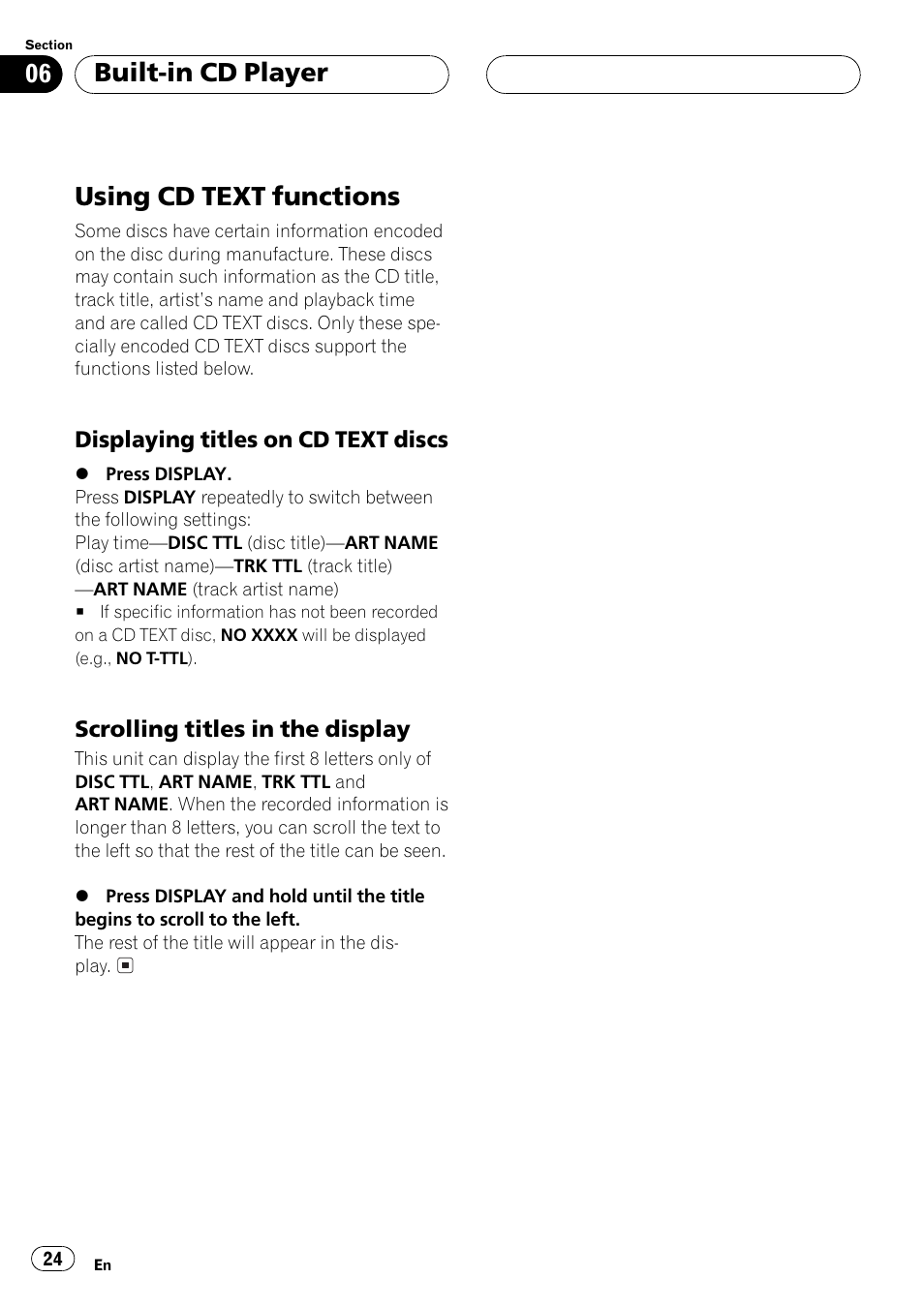 Using cd text functions 24, Displaying titles on cd text, Discs 24 | Scrolling titles in the display 24, Using cd text functions, Built-in cd player | Pioneer DEH-P5500MP User Manual | Page 24 / 116