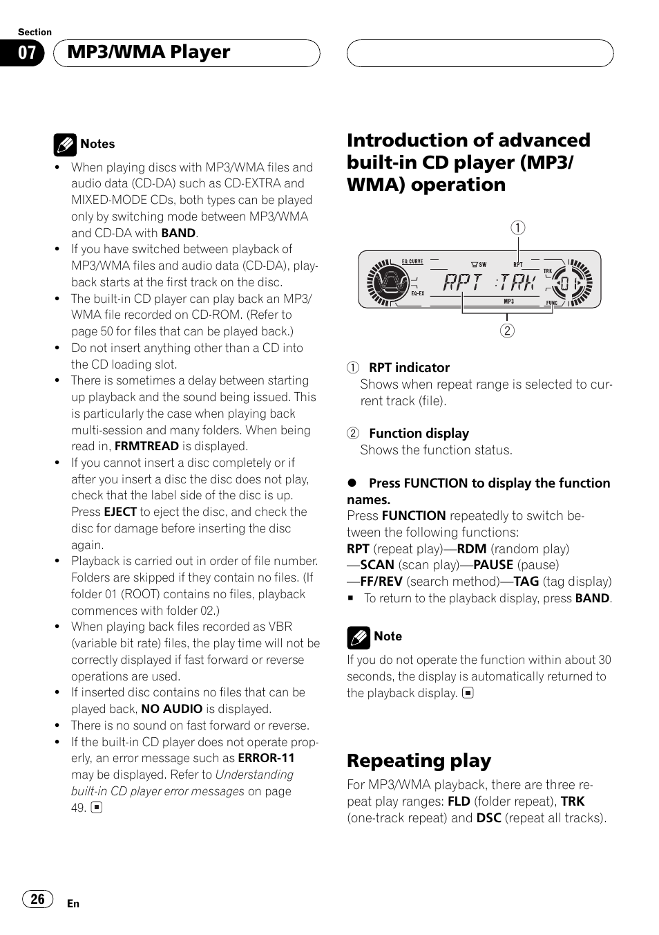Introduction of advanced built-in cd player, Mp3/wma) operation 26, Repeating play 26 | Repeating play, Mp3/wma player | Pioneer DEH-P5500MP User Manual | Page 26 / 116