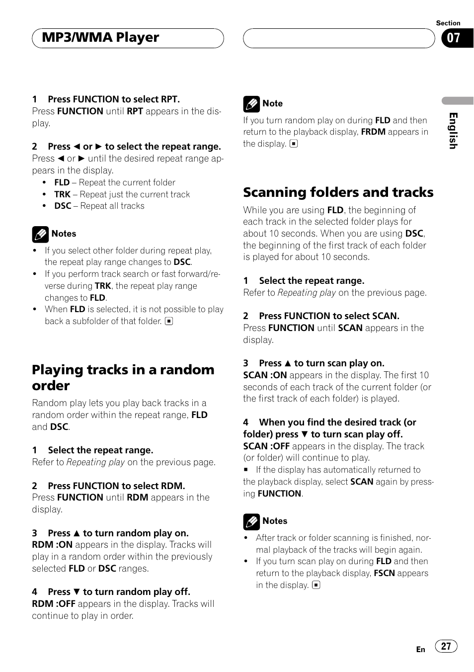 Playing tracks in a random order, Scanning folders and tracks, Mp3/wma player | Pioneer DEH-P5500MP User Manual | Page 27 / 116