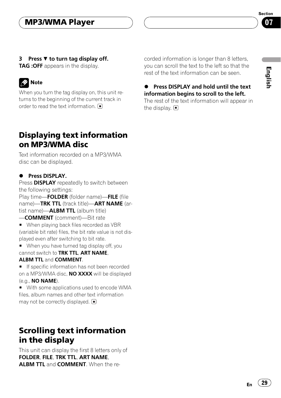 Displaying text information on mp3/wma, Disc 29, Scrolling text information in the display 29 | Displaying text information on mp3/wma disc, Scrolling text information in the display, Mp3/wma player | Pioneer DEH-P5500MP User Manual | Page 29 / 116