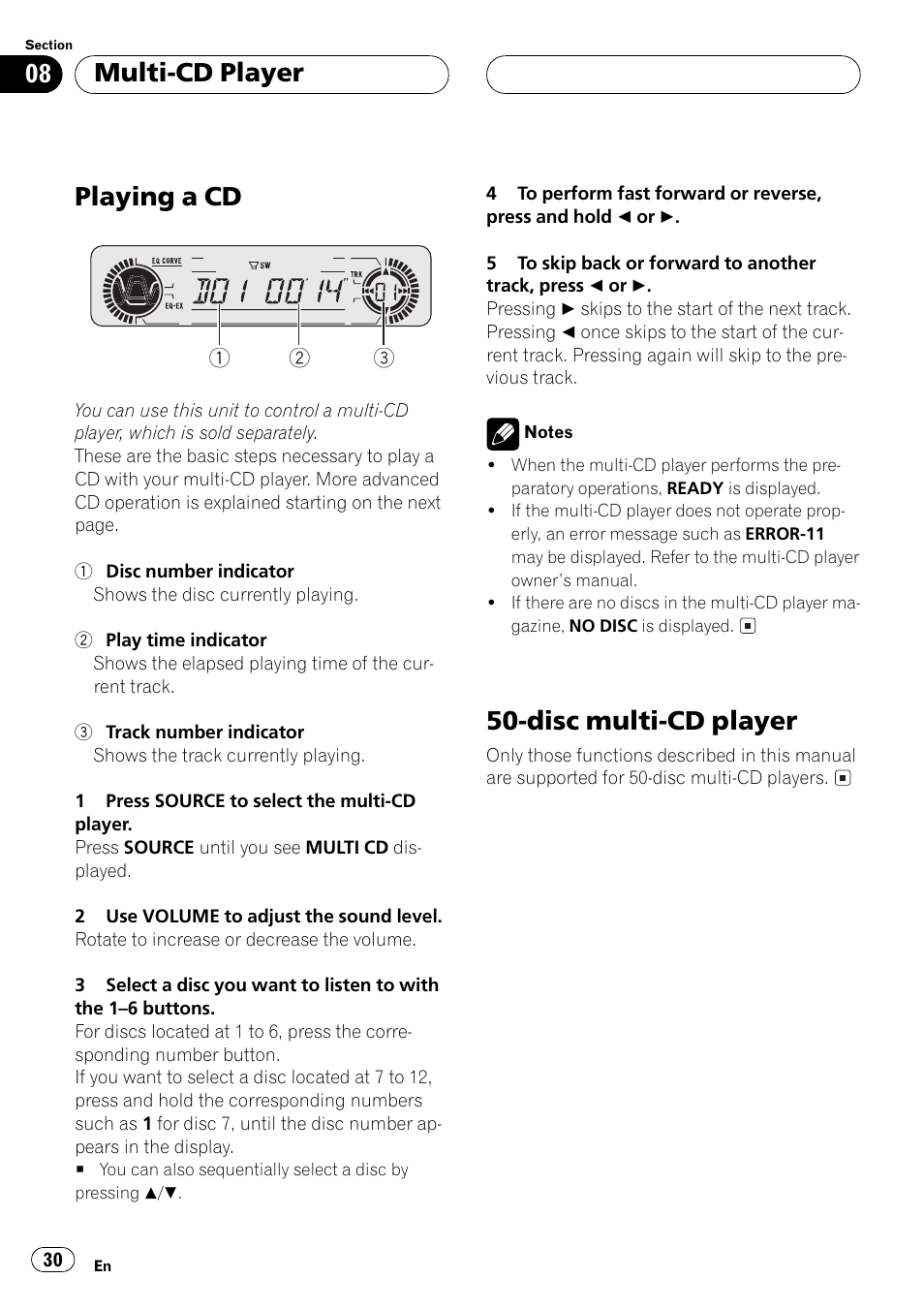 Playing a cd, Disc multi-cd player, Multi-cd player | Pioneer DEH-P5500MP User Manual | Page 30 / 116
