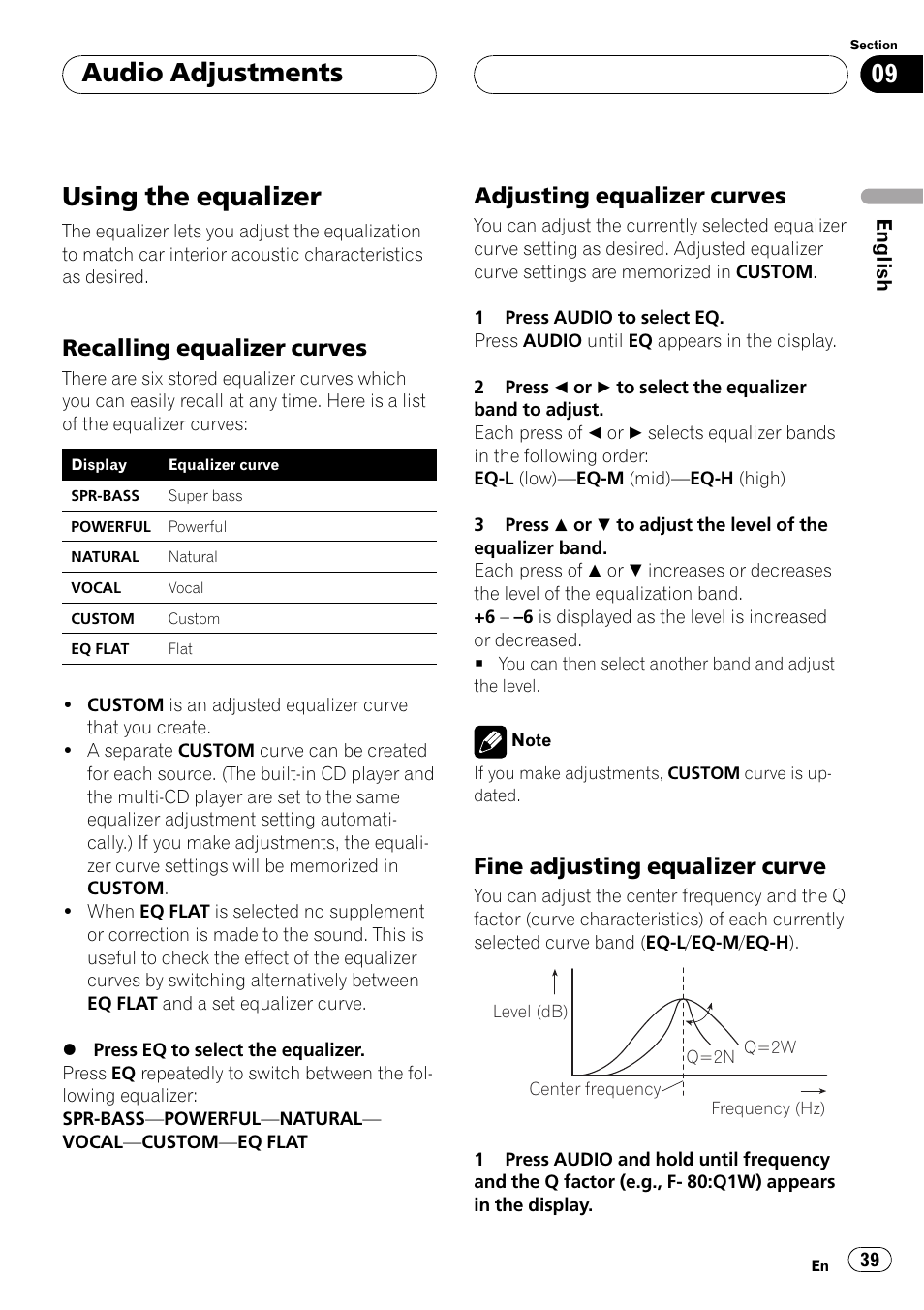 Using the equalizer 39, Recalling equalizer curves 39, Adjusting equalizer curves 39 | Fine adjusting equalizer curve 39, Using the equalizer, Audio adjustments, Recalling equalizer curves, Adjusting equalizer curves, Fine adjusting equalizer curve | Pioneer DEH-P5500MP User Manual | Page 39 / 116