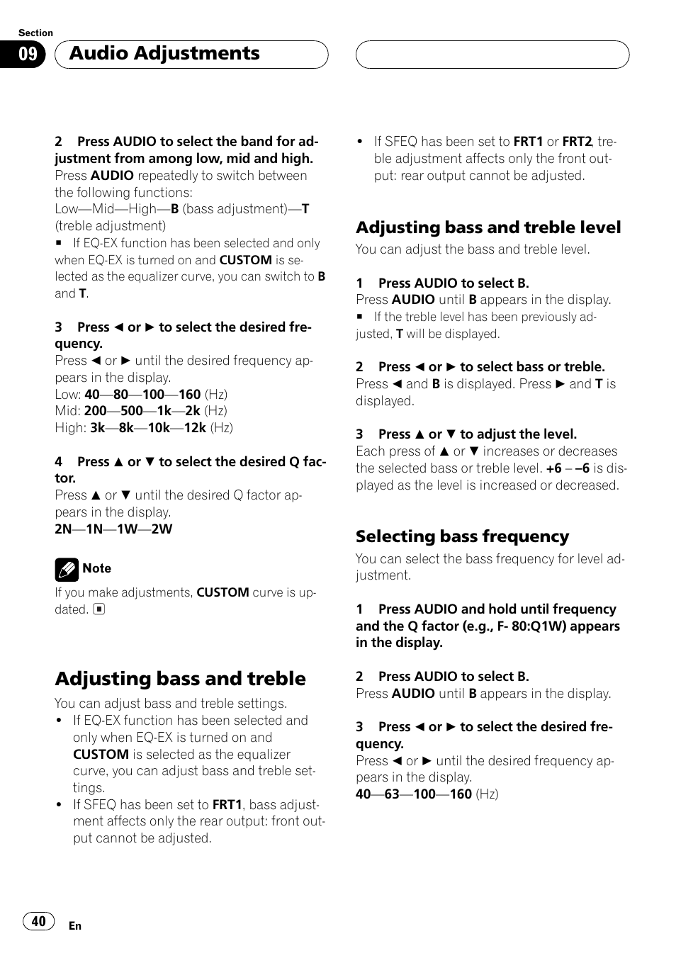 Adjusting bass and treble 40, Adjusting bass and treble level 40, Selecting bass frequency 40 | Adjusting bass and treble, Audio adjustments, Adjusting bass and treble level, Selecting bass frequency | Pioneer DEH-P5500MP User Manual | Page 40 / 116