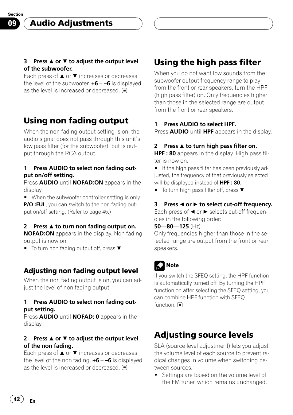 Using non fading output 42, Adjusting non fading output level 42, Using non fading output | Using the high pass filter, Adjusting source levels, Audio adjustments | Pioneer DEH-P5500MP User Manual | Page 42 / 116