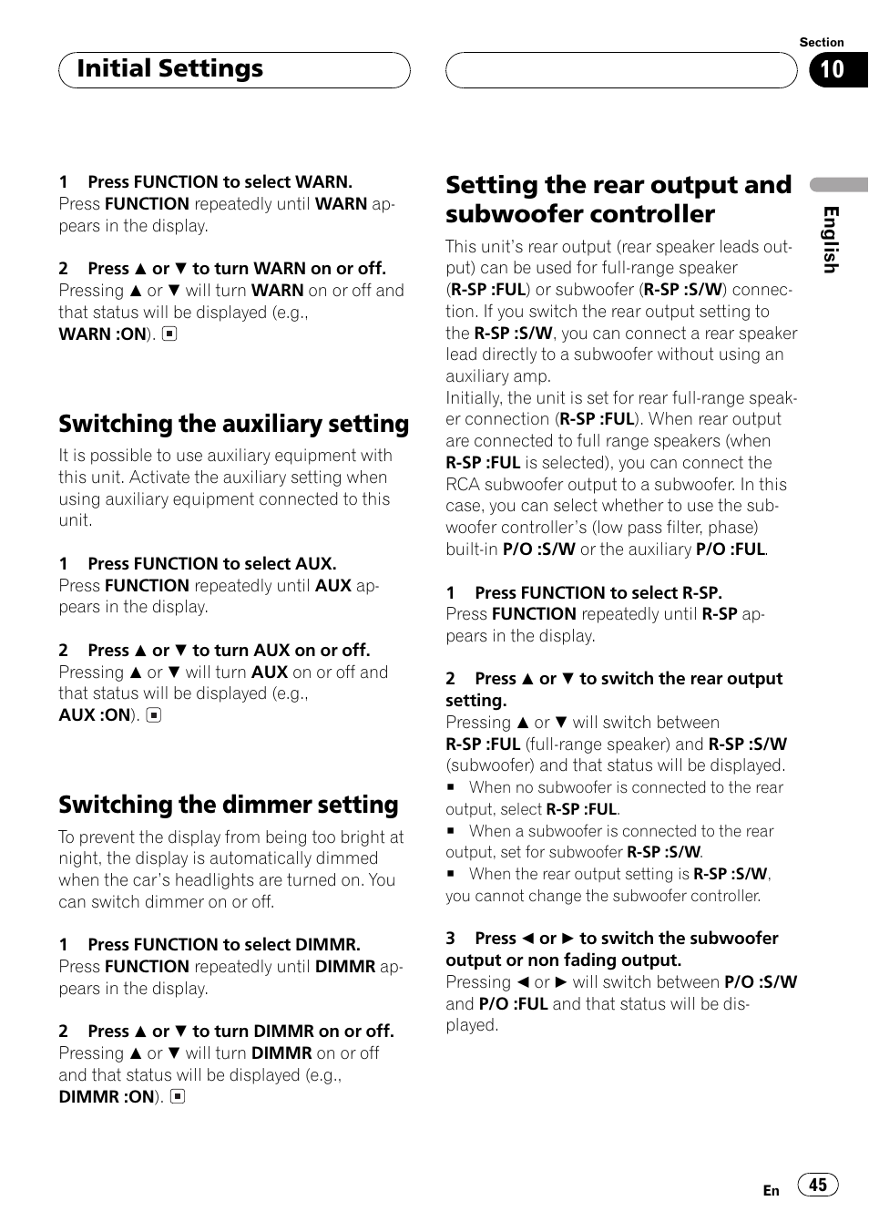 Controller 45, Switching the auxiliary setting, Switching the dimmer setting | Setting the rear output and subwoofer controller, Initial settings | Pioneer DEH-P5500MP User Manual | Page 45 / 116