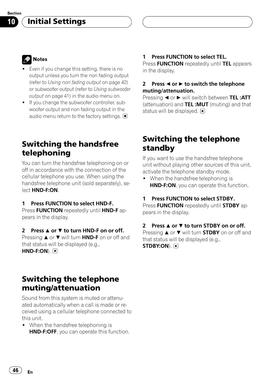 Attenuation 46, Switching the telephone standby 46, Switching the handsfree telephoning | Switching the telephone muting/attenuation, Switching the telephone standby, Initial settings | Pioneer DEH-P5500MP User Manual | Page 46 / 116